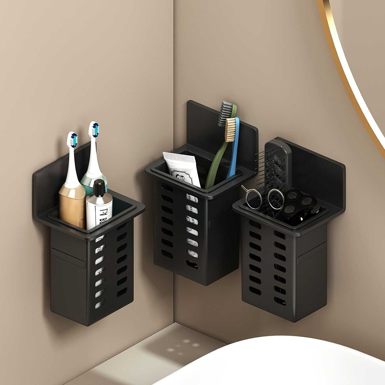 Organizador de Pared para Baño Sin Taladro - Cesta Almacenamiento Negro Resistente al Moho