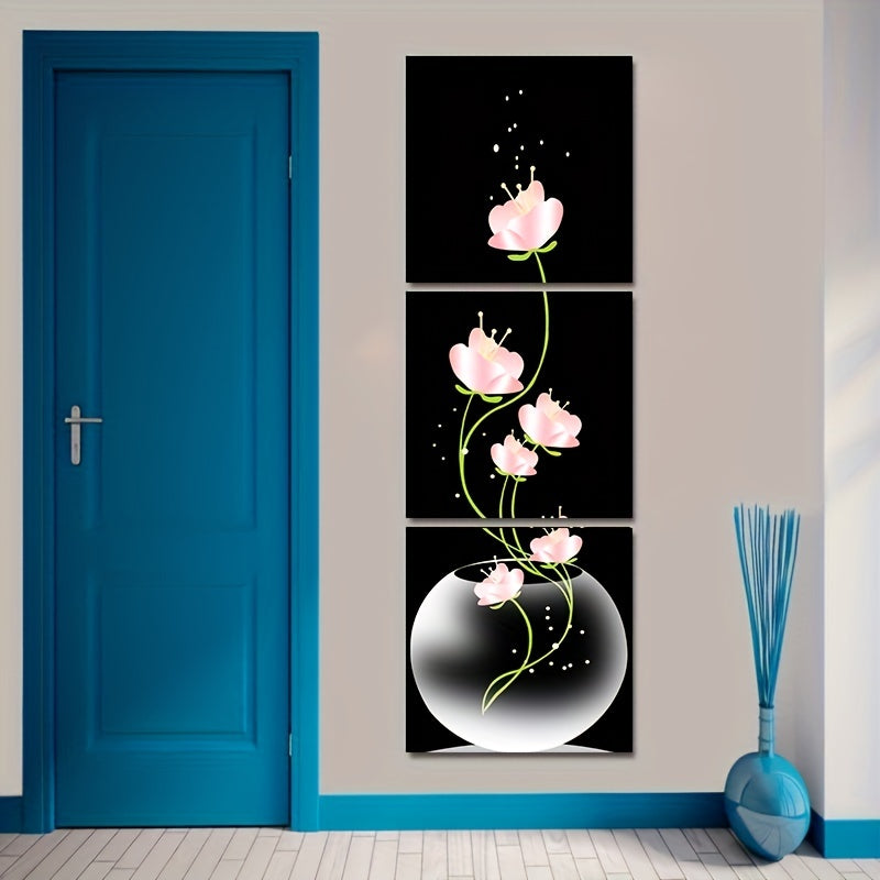 Set de 3 Láminas Decorativas Flores Rosas - Arte de Pared Elegante Minimalista