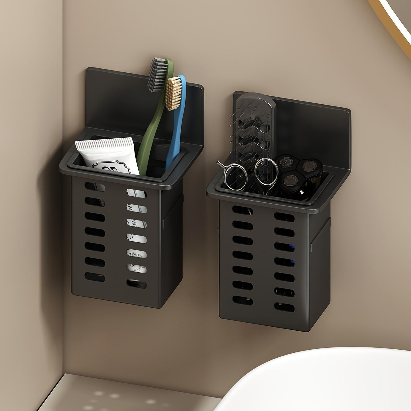 Organizador de Pared para Baño Sin Taladro - Cesta Almacenamiento Negro Resistente al Moho