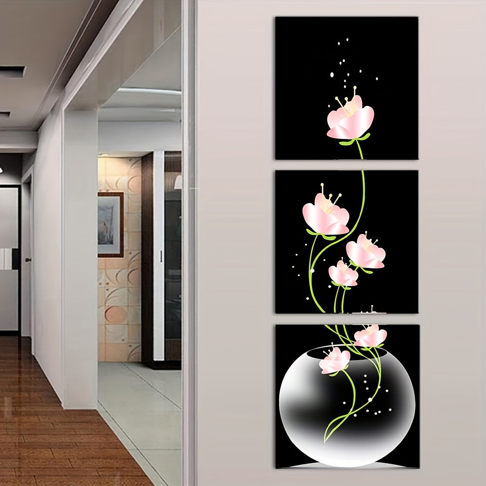 Set de 3 Láminas Decorativas Flores Rosas - Arte de Pared Elegante Minimalista