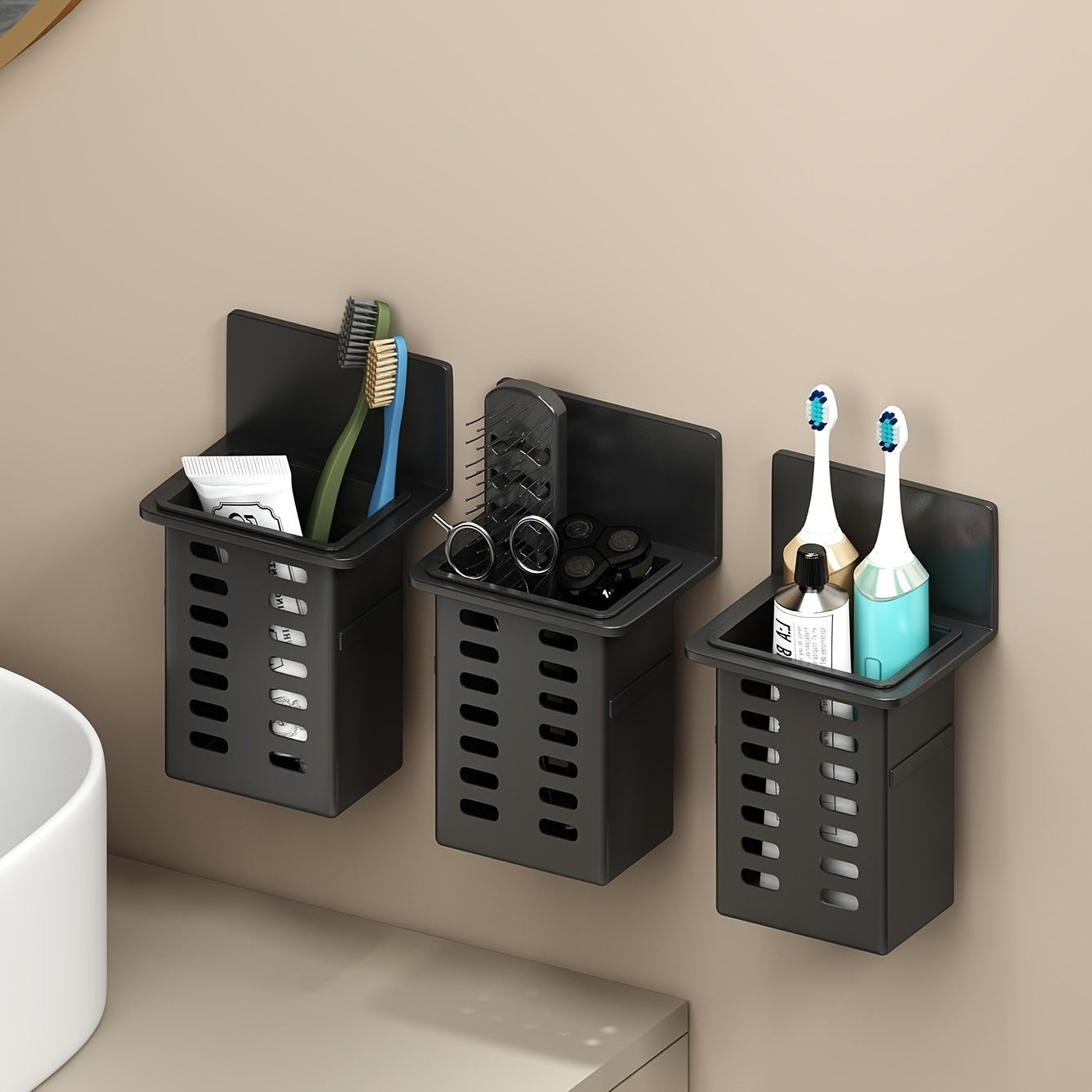 Organizador de Pared para Baño Sin Taladro - Cesta Almacenamiento Negro Resistente al Moho