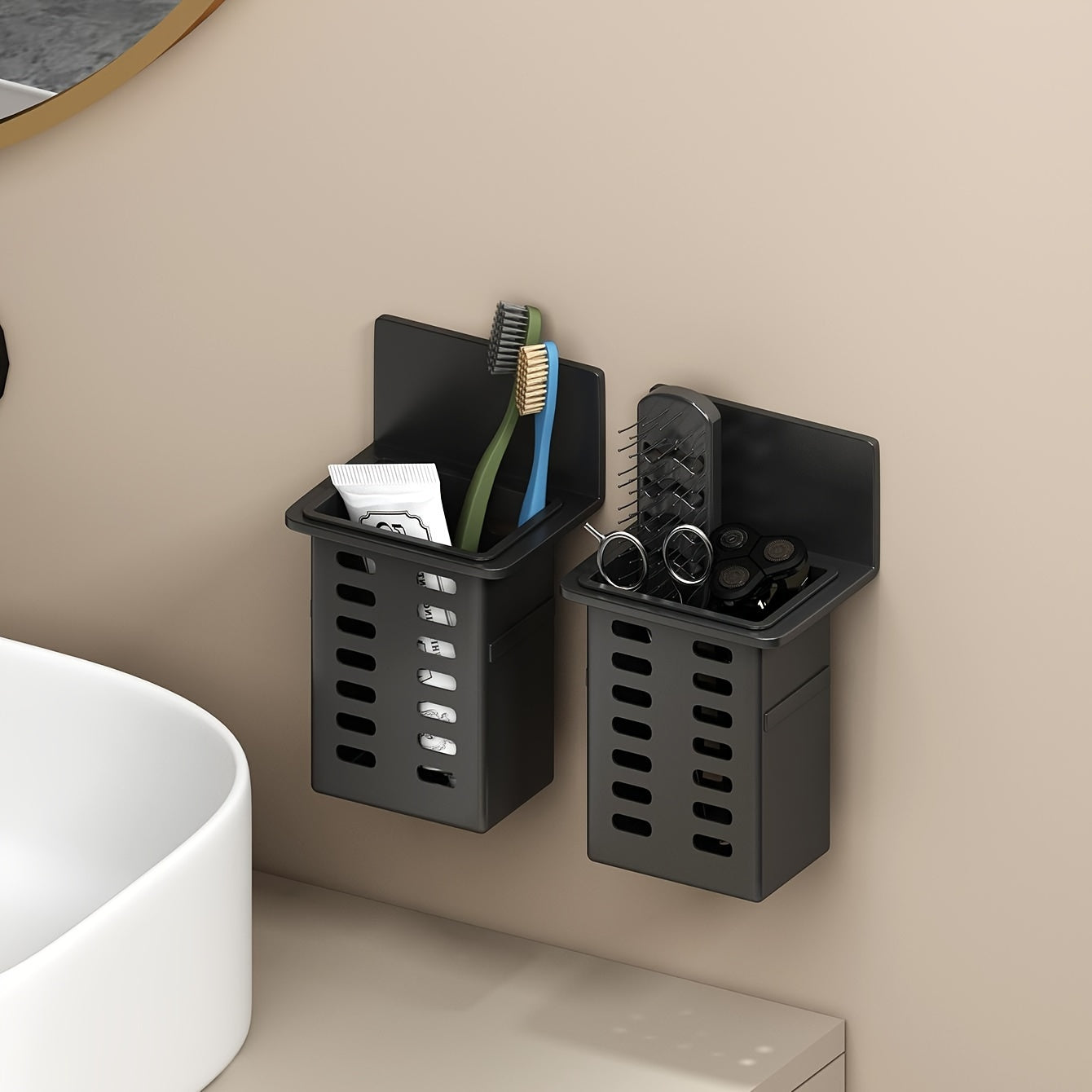 Organizador de Pared para Baño Sin Taladro - Cesta Almacenamiento Negro Resistente al Moho
